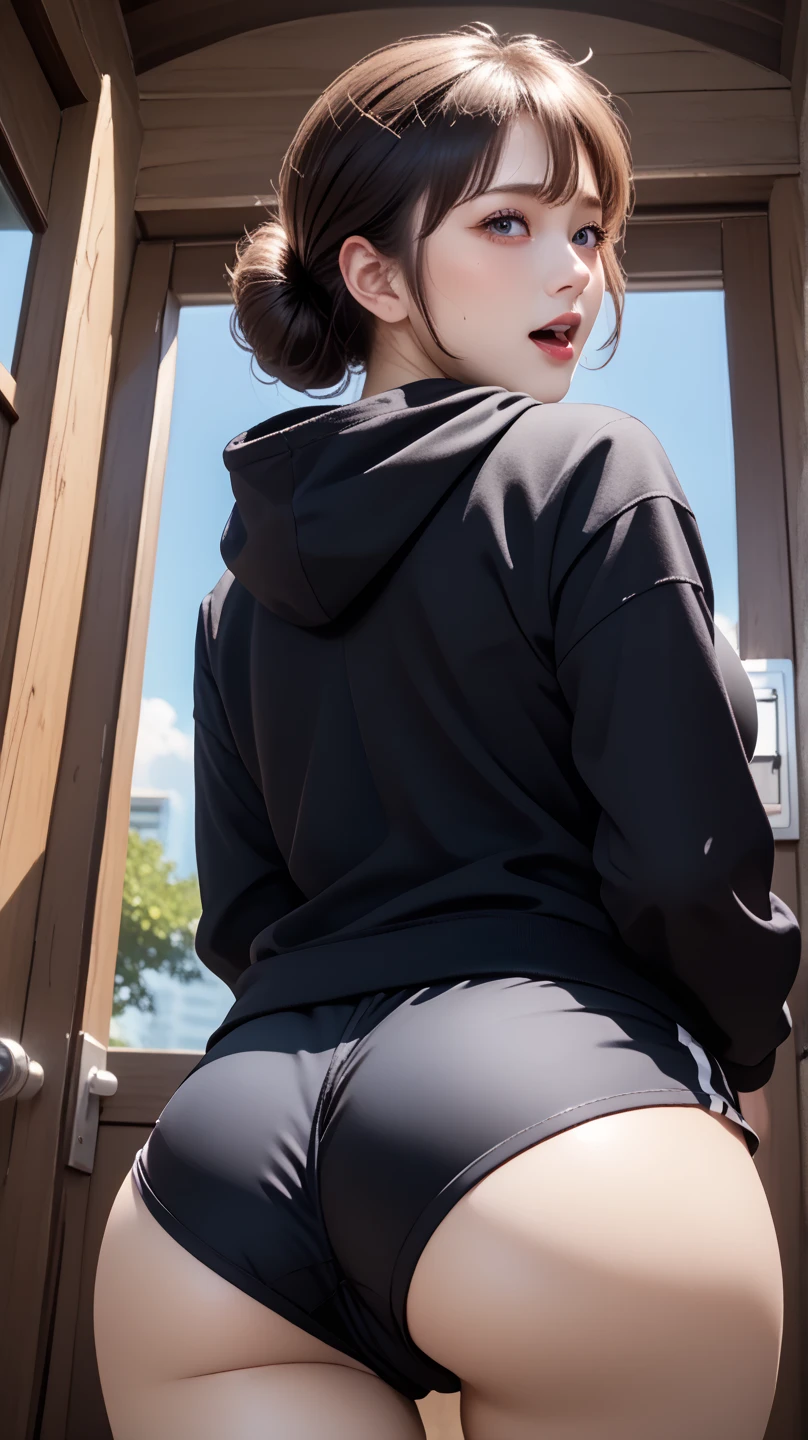 8K), (highest quality: 1.2), (realistic), (realistic: 1.37), ultra high resolution, (3 girls),(straight black hair), Giant Dulcefo, self snap,(school uniform),(black hoodie),(White hot pants),Standing in the city at night, whole body,long legs,beautiful feet,From the back,(Super small ass:1.3),ponytail,The lower part of her buttocks is slightly exposed from her hot pants.,back view,(shot from behind:1.5),