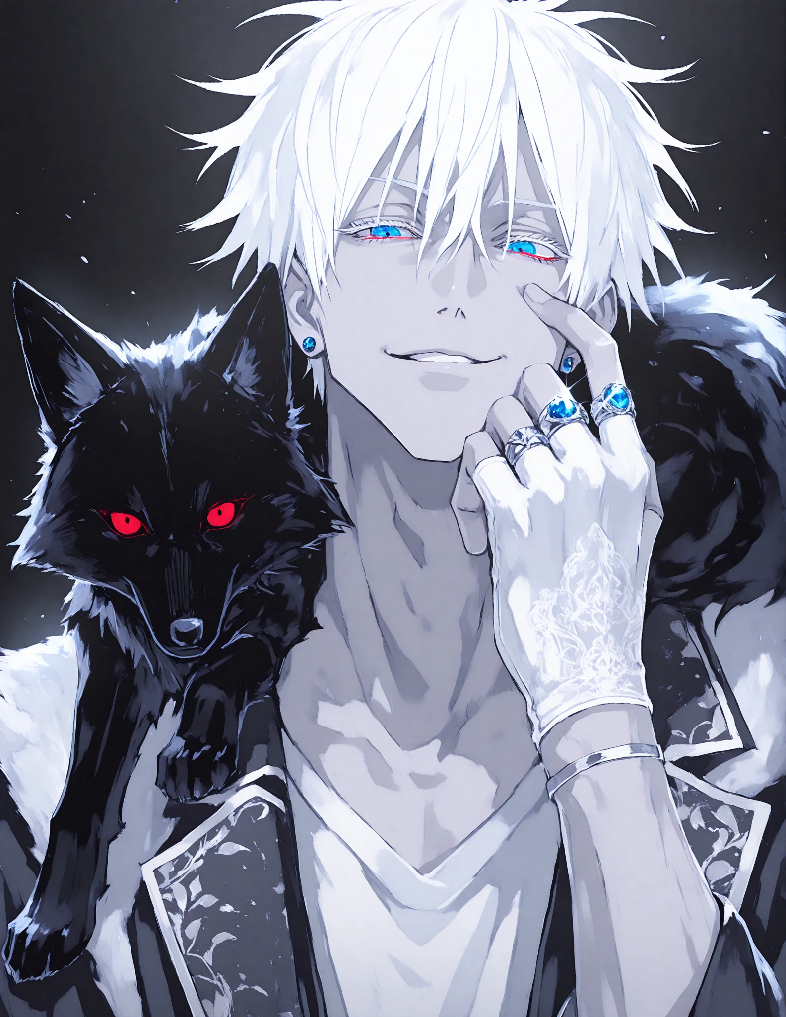 Anime Style, cinematic lighting, cinematic shadows, 1boy, male focus, gojou satoru, jujutsu kaisen, white hair, short hair, (hair between eyes), colored eyelashes, white eyelashes, (blue eyes:1.3), intricate eye iris, detailed eyes, sharp eyes, adult, muscular male, sexy man, handsome man, handsome face, mature, blue earrings, ear piercings, ring, multiple rings, white leather gloves, fingerless gloves, half gloves, solo, portrait, hand over face, villain aesthetic, evil, villainous, smirk, dynamic shadows, (a black fox with red eyes on his shoulder:1.5), male cool clothes, cool fashion, intricate clothes, intricate accessories, intricate patterns, cool, stylish, alternate costume, black gloves, black coat, shirt, white pants, dark atmosphere, simple background, black background, red and blue theme, black theme, Abstract_Marble, abstract, pattern, abstract_pattern, marble_pattern,