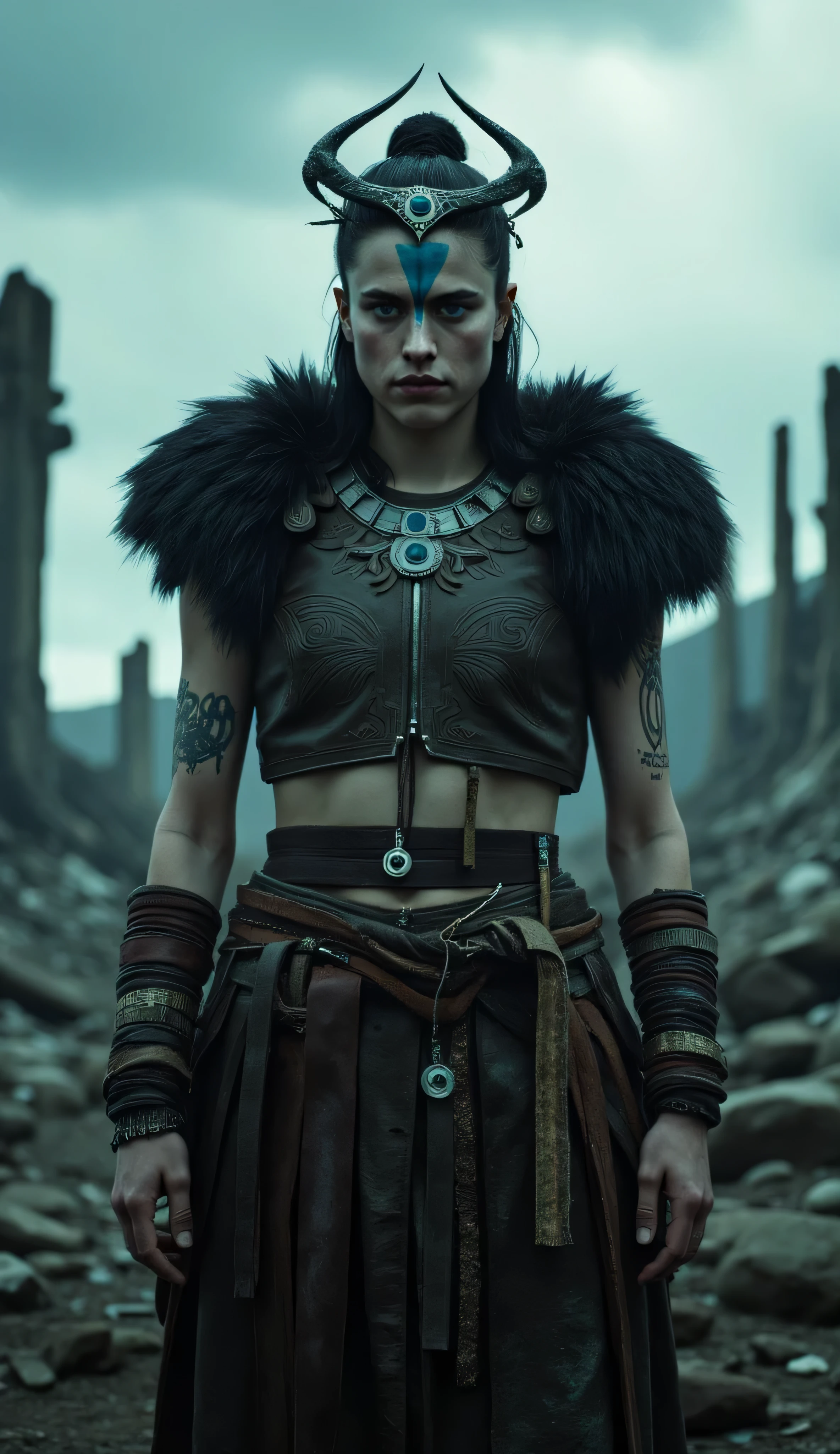 Margaret Qualley as Senua, Hellblade, fierce and determined warrior, standing, post-apocalyptic battlefield, dramatic stormy sky, rugged leather outfit, fur around shoulders, intricate tribal patterns engraved into the chest, various leather straps and belts, face is painted with blue warpaint, intense and haunted expression, crown-like headband with a glowing blue gem rests on forehead, muscular arms, wrapped in cloth and leather bindings, bearing tribal tattoos, broken structures and ruins, dark and desolate atmosphere, cinematic composition, ultra-realistic 3D rendering, inspired by Norse mythology, dark fantasy aesthetics