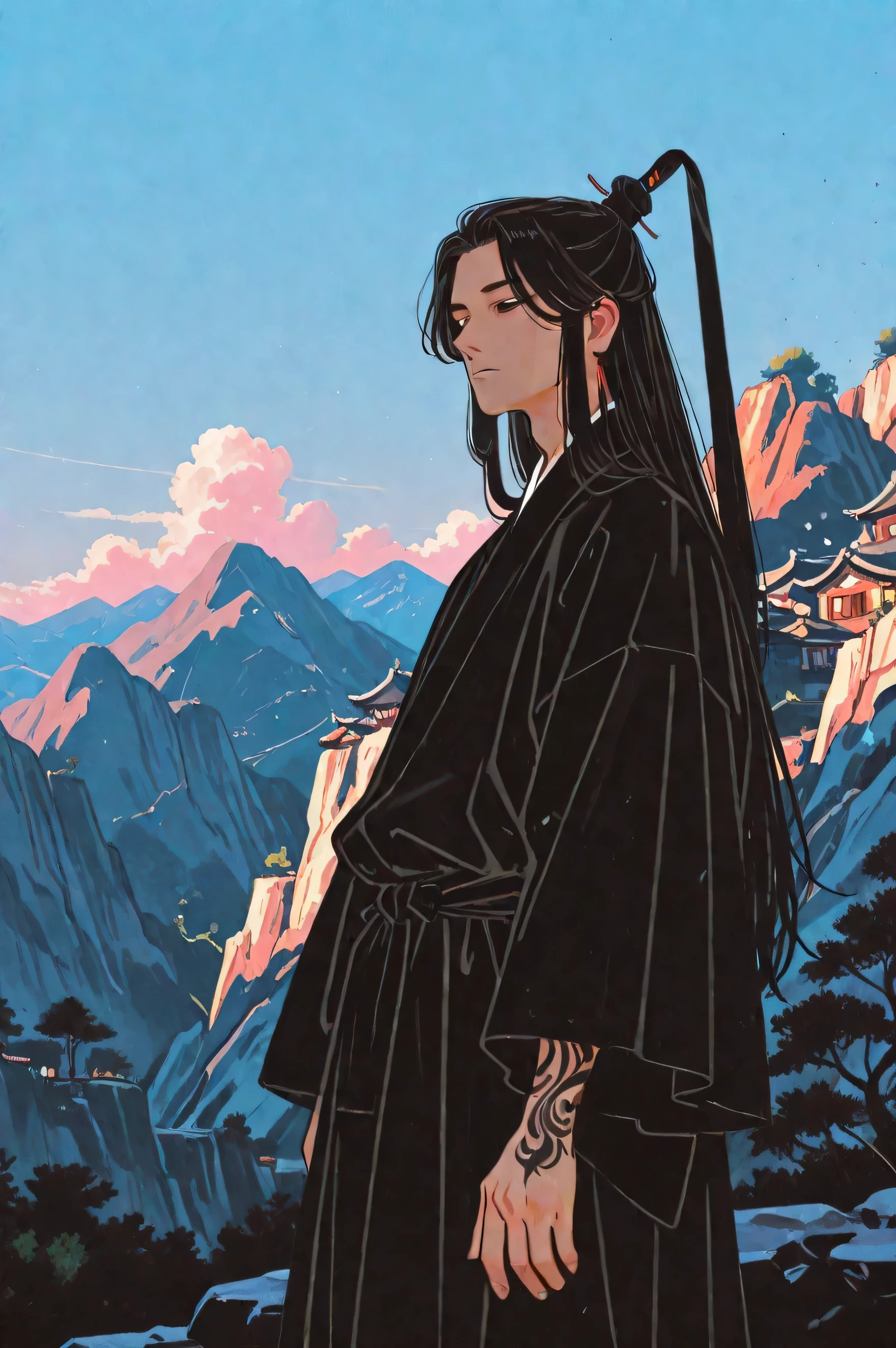 Chinese long haired handsome , tall man watching a village from a distance mountain cliff ( chinese traditional inked artist style ) wearing black colour outfit peaceful sky