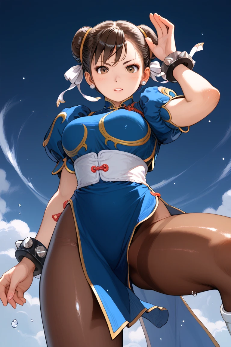 (top-quality:1.5)、(16k wallpaper:1.2)、(Photorealsitic:1.2)、(ultra-detailliert:1.2)、(超A high resolution:1.2)、super-detaild skin、Detailed and clean eyes、Tsuriformes、Beautiful eyeshadow、in a street、Beautiful cityscape、(Are squatting:1.2)、Chun-Li's Costume、Japan 18-year-old woman、Natural Color Lip、large full breasts、Cute smile、Brown stockings、white  boots、Seen from the front、Blue Panties