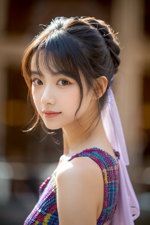 (masterpiece, best quality:1.2), 1girl, solo, professional lightings, cinematic lightings, 8k wallpaper, ultra realistic portrait of chichi, dragonball, chichi_dbz, (purple Chinese dress:1.35, orange scarf on neck, bangle, bracelet), bare foots, detailed face, detailed eyes, highres, detailed skin texture, (ultra slim waist, perfect slim body style), black hair, (dango hair:1.1, bangs:1.1), big eyes, double eyelids, ((ultra huge breasts, ultra huge tits, ultra huge boob, ultra huge cleavages)), ultra realistic mature older face, ultra detailed mature older face, realistic wrinkles on face and eyes, detailed wrinkles on face and eyes, (in living room, TV, view palms tree via window:1.1, ocean, palm tree and beach view via window:1.25, couch, wooden floor, house plants), tiny island, standing, looking at viewer,