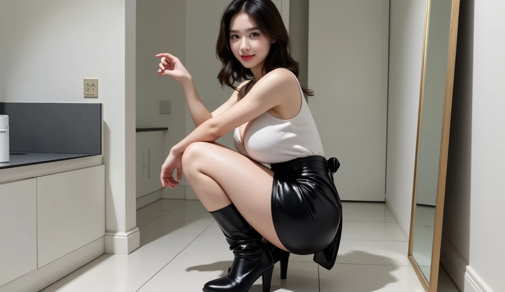 beautiful woman,elegant korean model,Ulzzang hair,Ulzzang makeup,double eyelids,Big eyes,flashy makeup,semi-long,black hair,business woman,high class female secretary,night,outdoors,darkness,Southeast Asia slums,Slum Street,真night中の暗い路地裏,Narrow back alley,Between Buildings,Back alley of slum entertainment district,There is a lot of garbage on the street,There are rats and cockroaches,Empty cans are falling,Filth is falling,dirty and damp ground,A bunch of tramps are behind me,Garbage dump,wet ground,真night中のスラムの路地裏,真night中,Elegant black wool business suit,black wool jacket,white collared shirt,amazing big breasts,big breasts,sexy cleavage,Tight skirt made of elegant black wool fabric,barefoot,sexy legs,sexy thighs,Leather Pumps,long legs,sitting in the trash can,汚いsitting in the trash can,金属製のsitting in the trash can,sitting with legs apart,legs wide open,Opening her legs and showing her shorts,showing red shorts,Panty shot,looking at the camera,facing forward,facing this way,Angle from your feet, Angle from below, Angle looking up from below, Crotch show off,midnight,dark,
