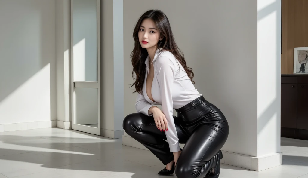 A female student in a leather jacket is lying on a lacquered wooden table
