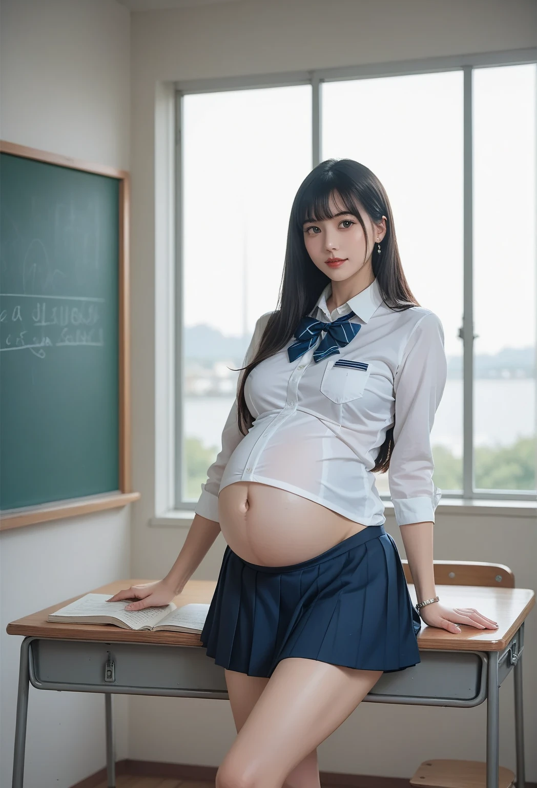 student，Pregnant with big belly, twins in school uniform, bulging navel, touching belly, 2D front view