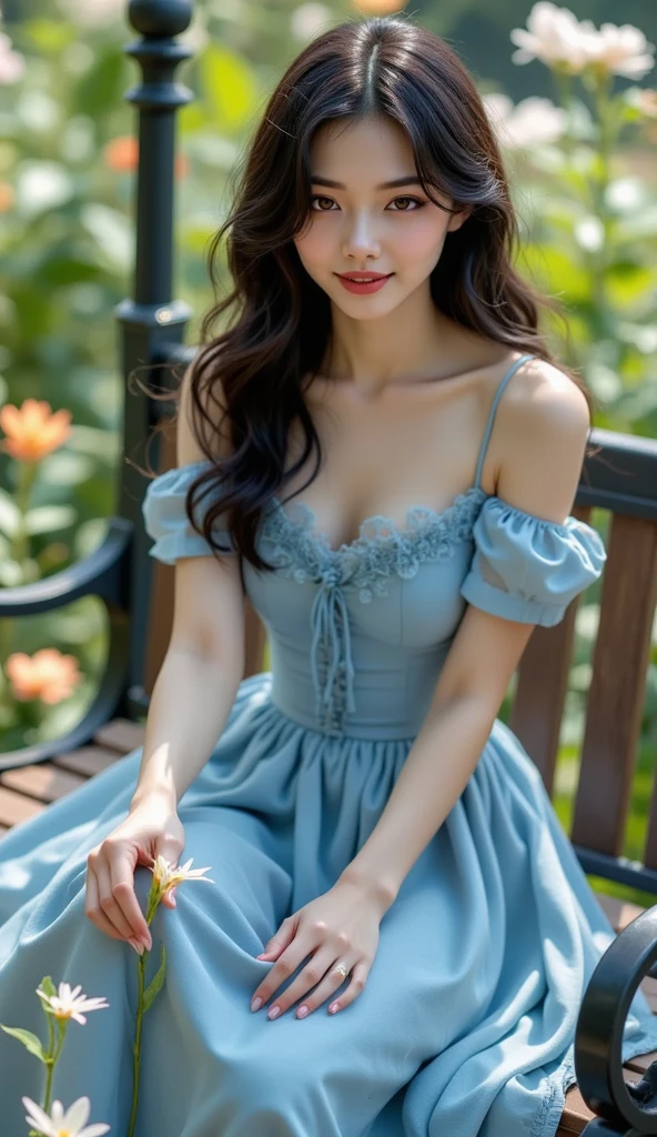 dress,fashi-girl, liuyifei,(best quality,4k,8k,highres,masterpiece:1.2),ultra-detailed,realistic:1.37,portrait,beautiful girl,youthful female model,sweet girl,masterpiece,extremely detailed description,super fine painting,exquisite face,slim figure,long legs,smile,radiant smile, Sitting on the bench of the gazebo, autumn, autumn wind and leaves