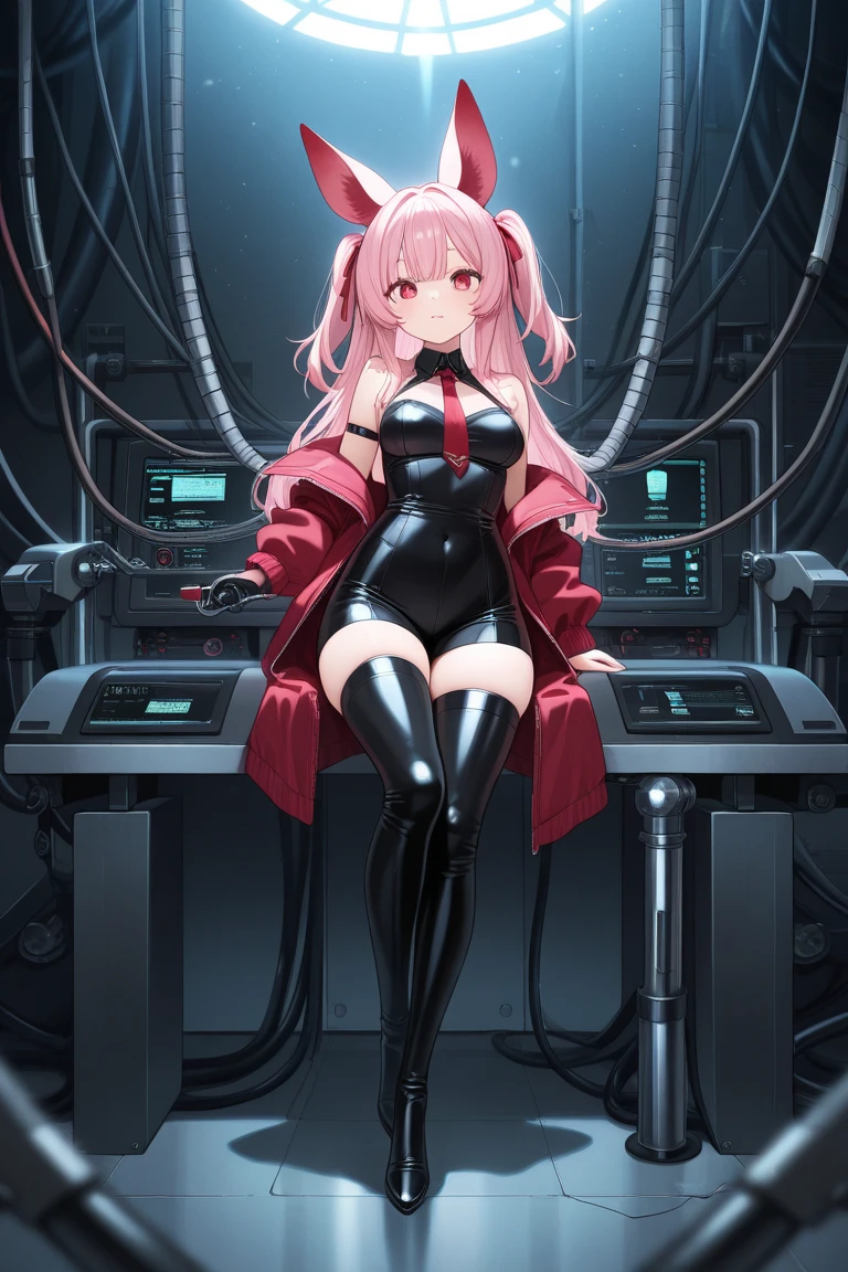 Draw an anime girl with a seductive expression, excelling in a virtual reality gaming world, surrounded by symbols of her gaming achievements, pink hair, full body shot, large breasts, cleavage, smiling
