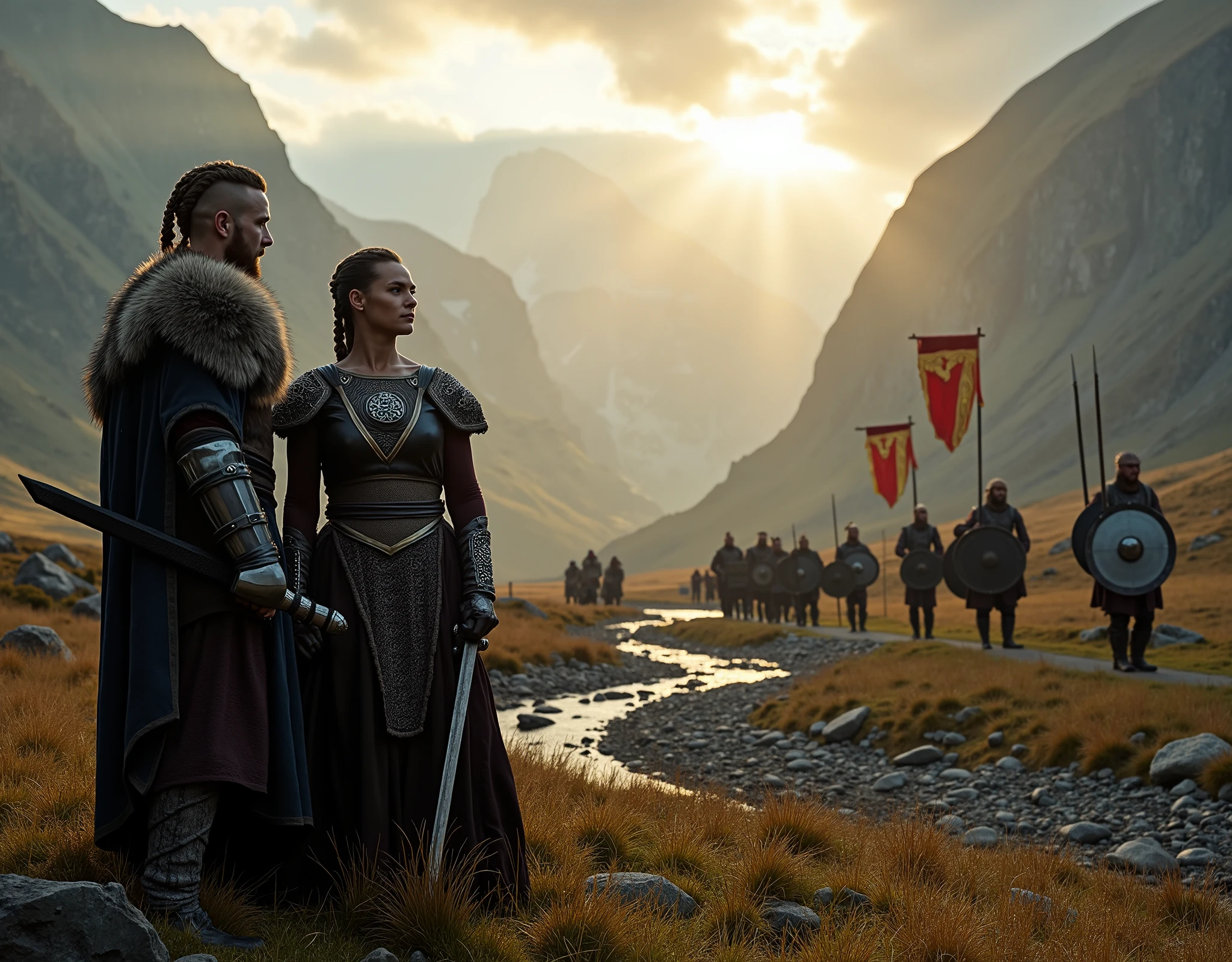 Steep and dramatic mountains are towering in the background and slightly obfuscated by low clouds as dawn breaks and sun rays pierce the clouds. A stream snakes its way down the fjord valley, revealing an ornate longhouse on the far riverbed. In the foreground stands King Ragnar Lothbrok and Queen Lagertha in regal Viking attires, with defiant expressions upon their faces, draped with wolf fur tippets and Viking-style royal jewellery. Ragnar rests his ornate sword on his shoulder, while Lagertha has her weapon sheathed in carved leather and animal skin. They both have long braided hair, the sides of their heads are shaved. A band of orderly Viking soldiers march from the distant Longhouse along the riverbank, carrying a regal red golden banner with a gold lion embroidered on it, each soldier equipped with painted ceremonial Viking shields and long spears. Shot on a Sony A7R IV with 50mm lens, professional DSLR, 8k resolution, HDR, noise reduction, soft cinematic lighting.