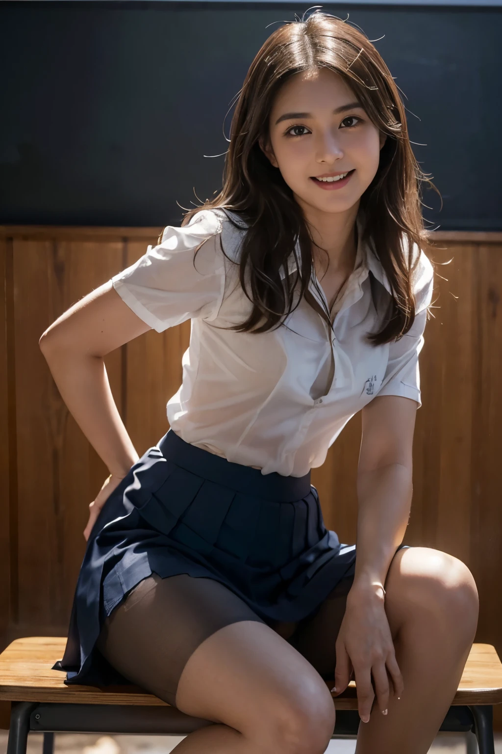 Realistic, masterpiece, Highest quality, Highest Resolution, Japanese , , Upper body photo, (Close up on face:1.5), (Sharp Eyes, Squint your eyes, Grin, Embarrassed, Open your mouth, Chin up, Hunchback), Beautiful and detailed eye drawing, (Droopy eyes:1.1), Iris, Thin eyebrows, Draw eyelashes carefully, (Hidden eyelid wrinkles:1.3), Gal Makeup, dark Wavy Hair, long hair, 7:3 parting:1.3),Wearing a white short-sleeved button-up shirt, She is wearing a short, grey, checked pleated skirt., (Thick thighs:1.2), (Sitting with legs apart on the desk:1.3), office