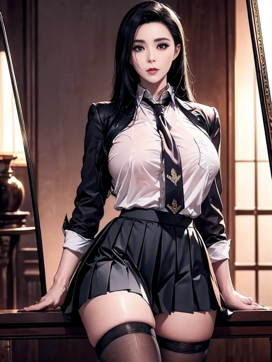((best quality)), ((muste piece)), (detailed face), (highlight), princess、Big breasts、blunt bangs、black hair、combat uniform、skirt、