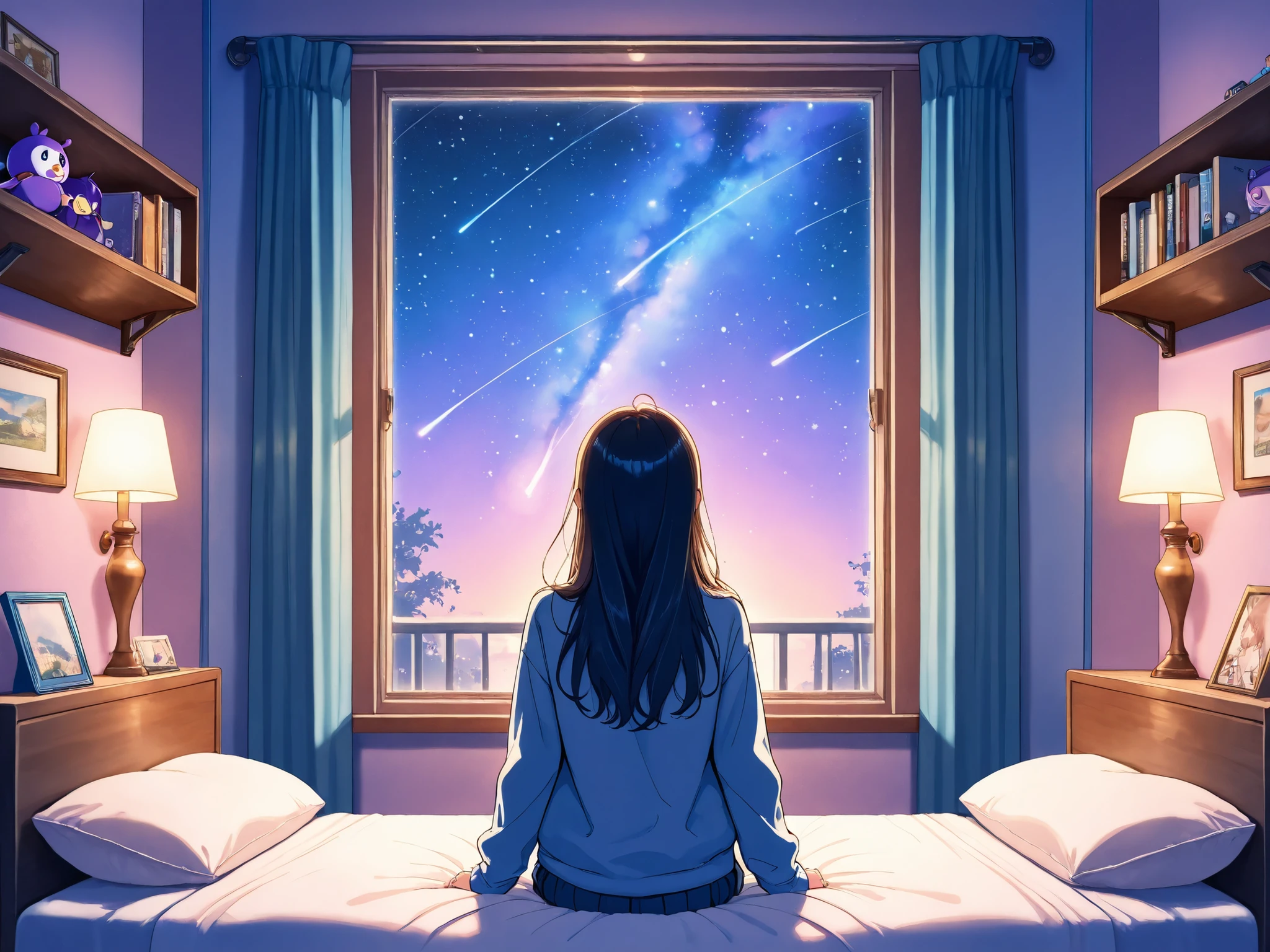 A warm and dreamy room, A girl with long hair is looking out(back view) Outside the window, shooting stars and many stars are twinkling. A cozy room atmosphere with a bed, stand,, bookshelves, etc..