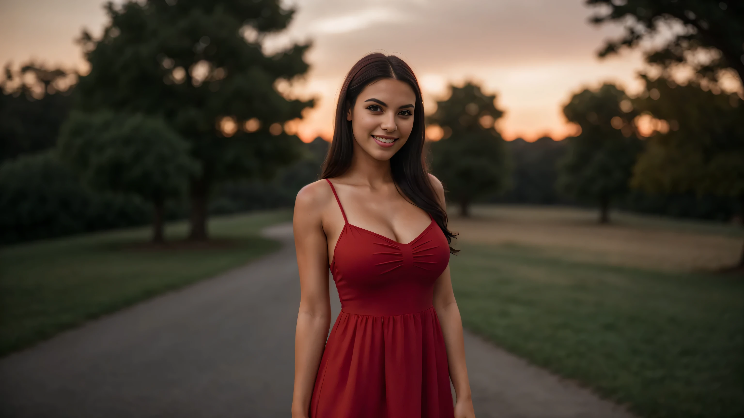 portrait of 18 years old girl, posing like super model, western , ultra realistic, beautiful nose , brown hair and large eyes, without makeup, looking directly at the camera, wearing red off shoulder dress ,on bench in park , smiling , spectacular lighting, gorgeous, (deep cleavage), photoshoot, (masterpiece), natural look, high resolution, extremely detailed background, skin with pores, , cinematic lighting Completed , full body with legs
