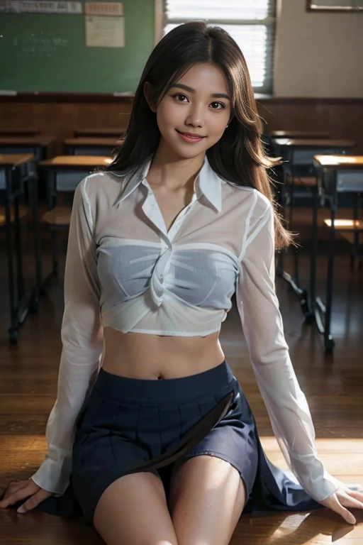 hi-school girl、Big bed in the hotel、Wet white collared shirt、long and thin legs、Artistic perfect body、 Raw photography、in 8K、top-quality、 High resolution、Beautiful face in every detail、Realistic human skin、Photorealsitic、