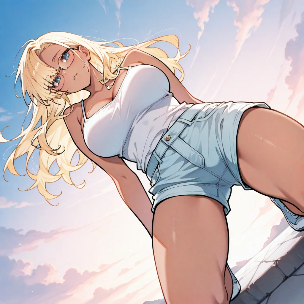 (Highest quality:1.2, Very detailed, Latest, Vibrant, Ultra-high resolution, High Contrast, Super Detail, masterpiece:1.2, Highest quality, Best aesthetics),Blonde,Long Hair, blue eyes,Slit eyes,Dark Skin,wearing earrings and a choker,Off the shoulder,Shorts,Knee-high socks,Beautiful woman, (Crazy Smile:1.2),from the front,Posture supra., View your viewers, Bring your face closer,belly button, sexy, Dynamic Angle, From below