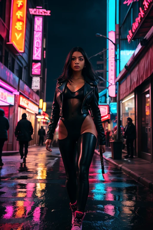 hyperrealism, (photorealistic:1.2), (film grain:1.3), masterpiece, best quality, perfect detail, cinematic lighting, professional photo, realistic photo, raw photo, cyberpunk style, girls and robot, cyborg, half-man, robotic body, robotic arms, thick build, long gray hair, leather jacket, torn pants, standing in a fantasy bar, surrounded by a crowd of robots, dark, little light, dramatic lighting