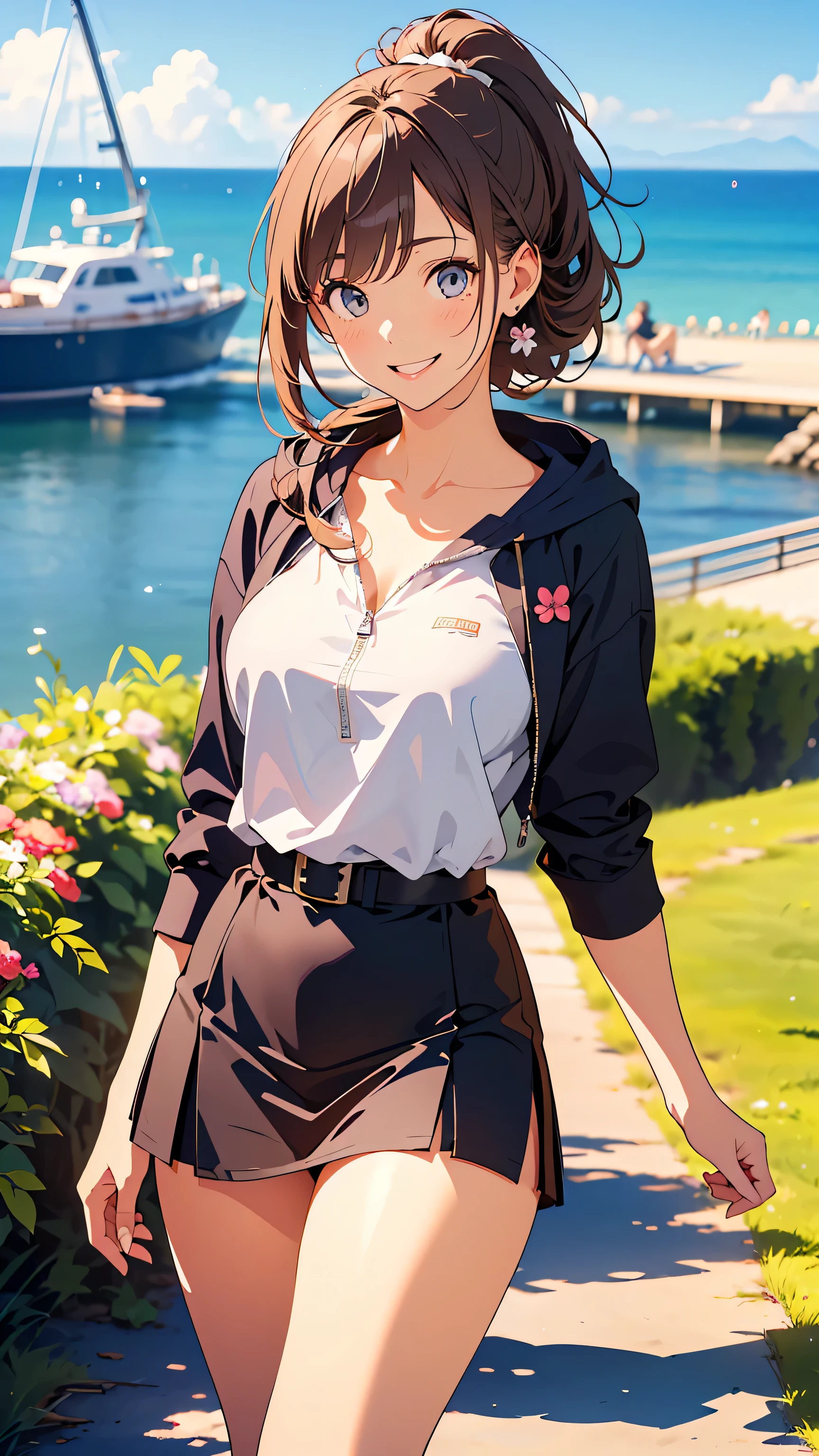 masterpiece, Highest Quality, This is an illustration of a seaside park, ((outlined with very thin lines :1.3)), very accurate, fine sections , high definition, 8k Wallpaper, SLR camera , perfect dynamic configuration, detailed expressions , beautiful eyes on my stomach、Down to the smallest detail, cheek gloss highlights, model body type, biologically accurate limbs , showing the details of a beautiful face, (radiant white skin, natural feel , Natural Skin Radiance), natural light, (beautiful and shiny hair, smooth hair, brown hair, Thinning hair), (28-year-old woman, cute, Japanese adult woman), (Big Natural :1.6), (Big, crisp breasts , Round Breasts), thin waist,(Random Color, Tank Top, hooded zip-up tight hoodie), cuteカーディガン, (Random Color, race, random skirt),Skirt Blown in the Wind,( thin leather belt ), (long hair, shiny hair, up ponytail, curl, Disheveled Hair), sexy pose, Boob Tent:1.2, ((smile, awkward expression:1.3)), Face Focus, walk, dance, On a date, fun and exciting , Dynamic Composition, Seaside Park,Strolling through a seaside park, You can see a sailboat in the distance, Picture of a flower bed with very small flowers blooming, cowboy shot,from front,