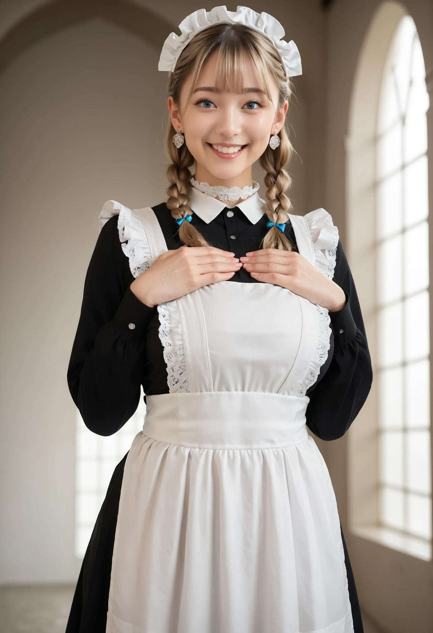 Score_9, Score_8_up, Score_7_up, Score_6_up, Score_5_up, Score_4_up, Source_real, Tag1, Tag2, Anatomically correct, realistic, 1 woman, 22 years old woman, beautiful woman, Highly detailed beautiful face and eyes, Detailed skin, (natural saggy big breast:1.5), big ass, thick thighs, wide hips, curvy, (oiled body:1.1), cute type, smile, blue eyes, blonde hair, (braids hair with bangs), (Cute ocean maid outfit, white maid headdress, black shirt, black skirt, white frill apron, black ruffled choker, earrings), hands on chest, Summer season atmosphere, Being in the castle,