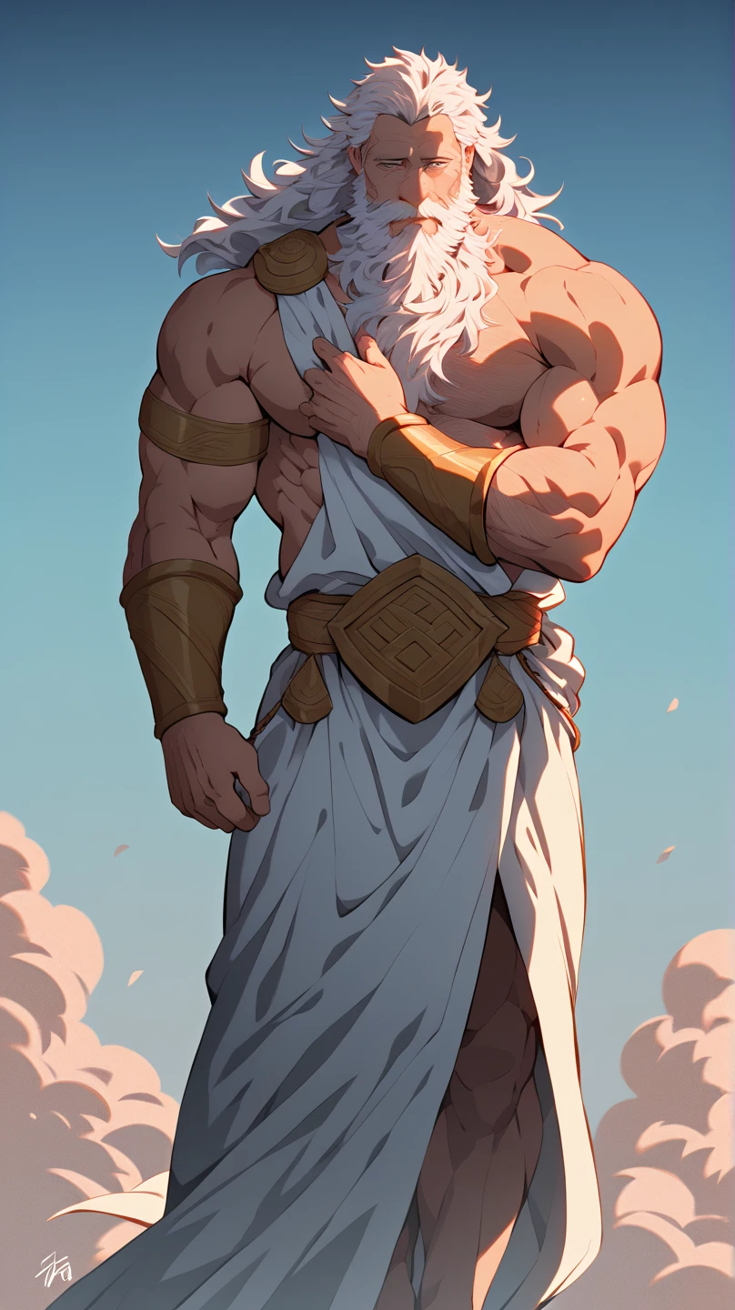 full-length, huge stone giant, scraps of white mantle, stone skin, stone body, leaves on the body, musculature