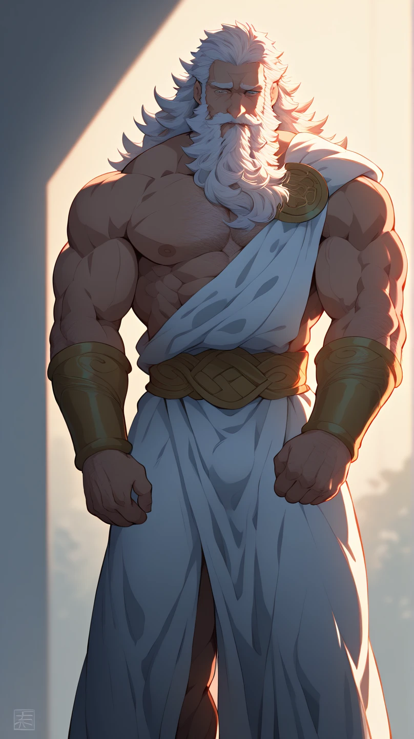 Imagine a fabulous Greek statue, incredibly muscular and striking, with a background of cloudy, nebulous clouds. The statue is sculpted in a stone of bluish hue, somewhat dark, leaning towards a deepe
