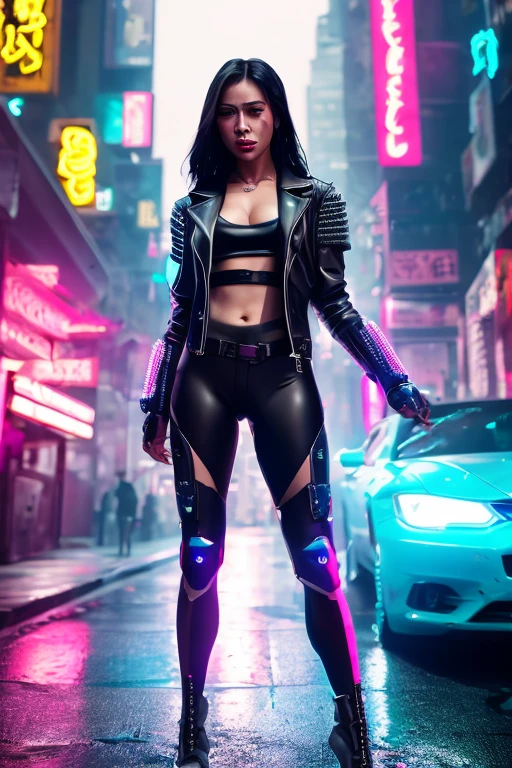 annaakana, full body, solo, as a cyberpunk woman standing in a cyberpunk city, leather jacket, ripped jeans, pants, combat boots, futuristic, technology, neon signs, cinematic neon lighting, detailed eyes, detailed lips, medium breasts, 8k, award-winning photography, crisp details , skin pores, photorealistic, <lora:AnnaAkana:1>
