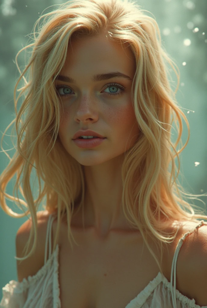 ((Highest quality)), ((masterpiece)), (detailed), ((Full body image))、A rare beautiful girl、15-year-old Scandinavian actress、blue eyes、detailedな顔、Platinum Blonde、 Silky Hair、masterpiece、Bangs between the eyes、Hair above the eyes、片Hair above the eyes-顔の髪、Forest Fairy、Blonde reflection、眩しいハイライトが入ったPlatinum Blondeの髪、Bright and shiny hair,、One small necklace、Small earrings、A shy smile、((white skin texture))、Long Hair、((Attractive pose))、Natural Makeup、Pink Eyeshadow、Attractive big eyes、Blue Eye、so beautiful, adorable and cute、((Pure white skin texture))、Photo taken at a resort lake、Butterfly Garden、Micro Bikini、Realistic