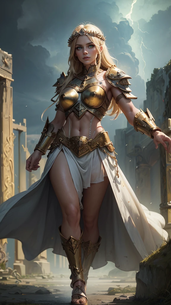 Crie imagem realista de uma mulher, guerreira morena da mitologia grega, vestida em uma armadura de cor dourada. Ela deve ser retratada como uma figura musculosa, with braided hair, enquanto adiciona um suave brilho do sol na imagem. Be sure to emphasize the beauty and strength of the goddess with the lunar image background. without including elements that violate content policies