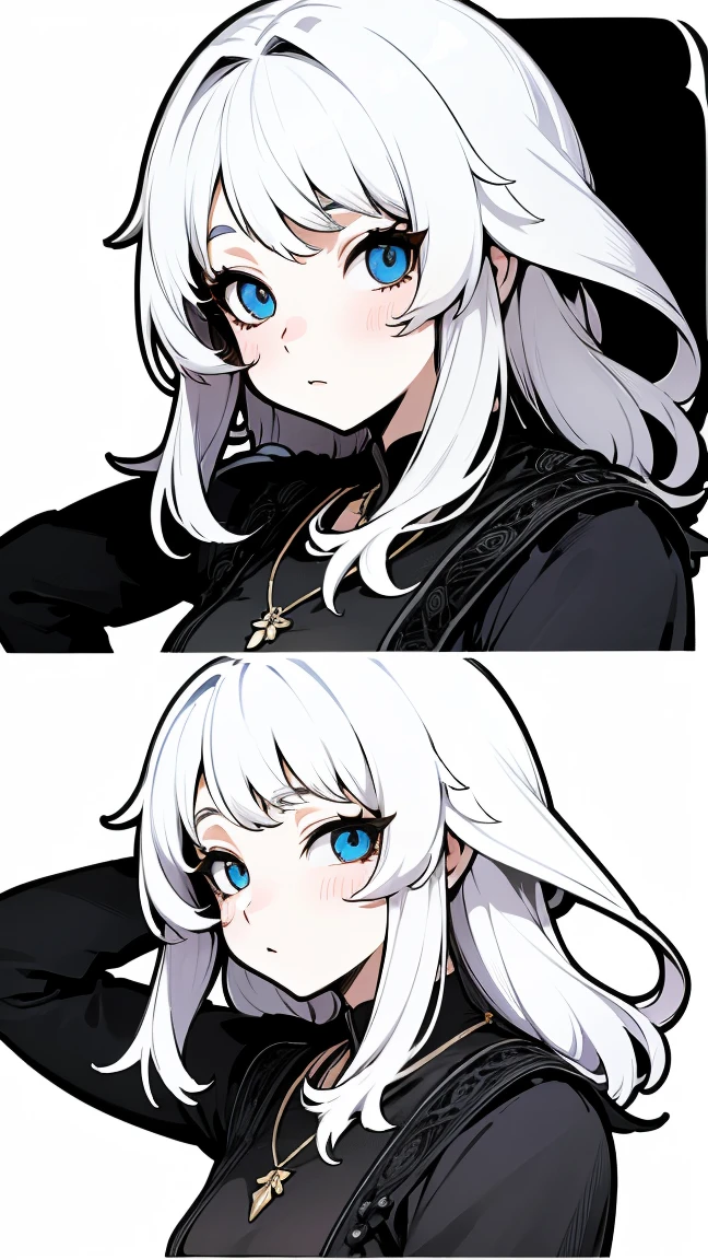 vtuber model, silver hair, grey hair, long hair, straight hair, expressive hair, heart-shaped pupils, dilated pupils, embarrassed, blush, blue eyes, heart in eye, naughty, Conceptual art, modern, anime style, anime, reference sheet, multiple views, from behind, from below, from side, UHD, masterpiece, anatomically correct, super detail, textured skin, high details, high quality, best quality, highres, 8k, art concep, character design,