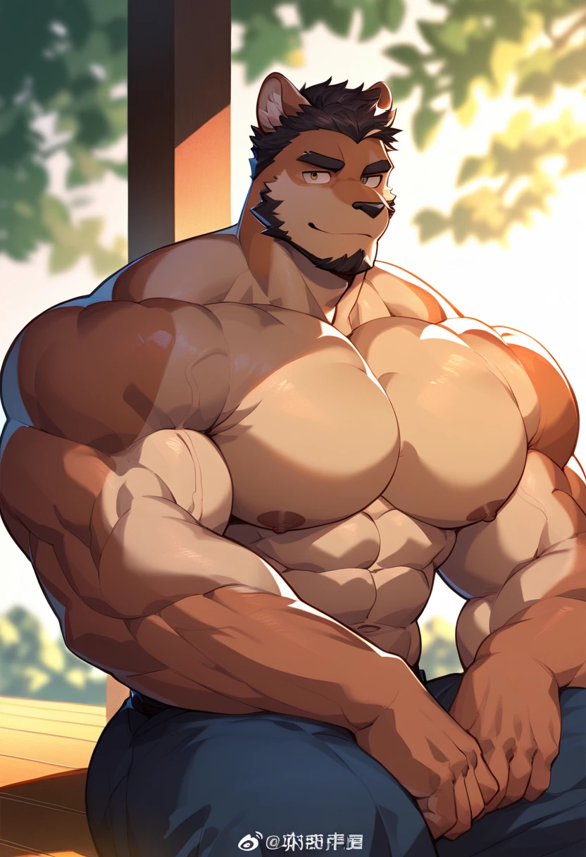 Panther, good looking, male, anthro, ultradetailed, muscular, solo, bareness, rippling muscles, muscles, military camp background, tail, serious, big pecs, looking at viewer, jockstrap, bara, big butt, big muscles,