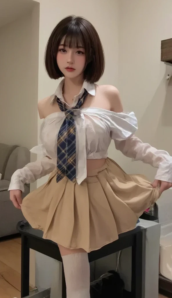 (8K, 超A high resolution, Best Quality, masutepiece:1.2),(18year old:1.2)、(Look away)、8K、RAW portrait of japanese girl、Photorealsitic、超A high resolution、top-quality、 (huge-breasted、Close all buttons on the shirt:1.4)(student clothes、Pure White Cutter Shirt、Red Check Pleated Mini Skirt:1.3)、(in a street:1.2) BREAK (Natural Skin Texture、Detailed skin、Hyper-Realism、ultra sharpness)、intricate detailes、depth of fields(Put a white shirt inside the skirt:1.3)、Show the armpits、Plaid Pleated Micro Mini Skirt(Brown hair long straight、Shiny legs、Black loafers、Black stockings:1.3)(Open your legs wide to the sides、pee(incontinence)、Intense squirting from the vaginal opening:1.5)Water on the floor