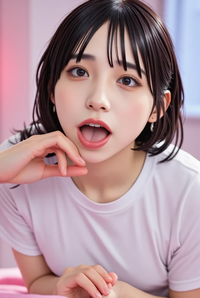 Black and pink sweater fabric mini dress,bare shoulder,oollarbone,open mouth,tongue out,cum on tongue,Sitting on a black sofa,looking ahead,from above,flont view,face focus,open mouth,tongue out,(1girl,Beautiful 16 year old girl),((Slender,Small breasts,Small face,)),looking at viewer,Black Hair,bangs,straight,Beautiful and detailed,Mischievous smile,Dimly lit room,Simple Background,Black Background,Low lighting