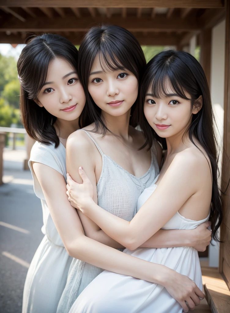 Highly detailed cute girl、Cute Face、Japanese、Round eyes、Small Nose、White skin、Straight Hair、No clothes、Completely naked、Overwhelmingly long brown hair、Three Girls