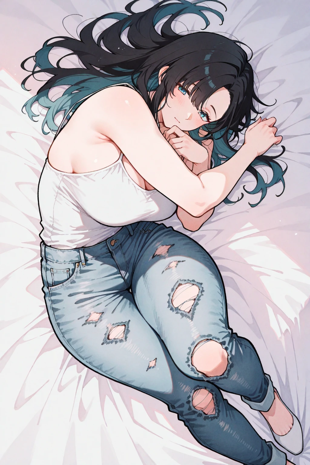 (masterpiece:1.37), best quality, (extremely detailed:1.37), woman, (adult:1.5), (very long hair:1.5), dark purple hair, purple eyes, (extremely detailed eyes:1.37), large breasts, crop top, cleavage, navel, (tight jeans:1.5), wetting, bed, her hands are tied to the headboard, (on back:1.5)