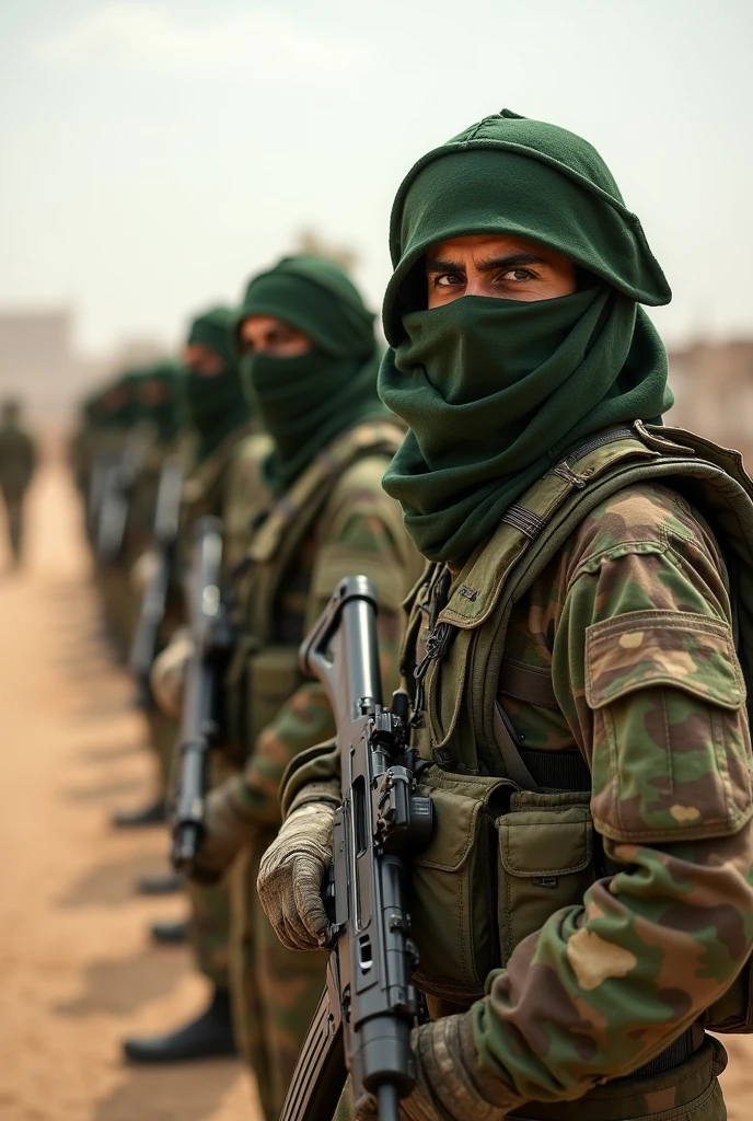 (Detailed description) (melhor qualidade) soldados do grupo hamas correndo com armas atirando