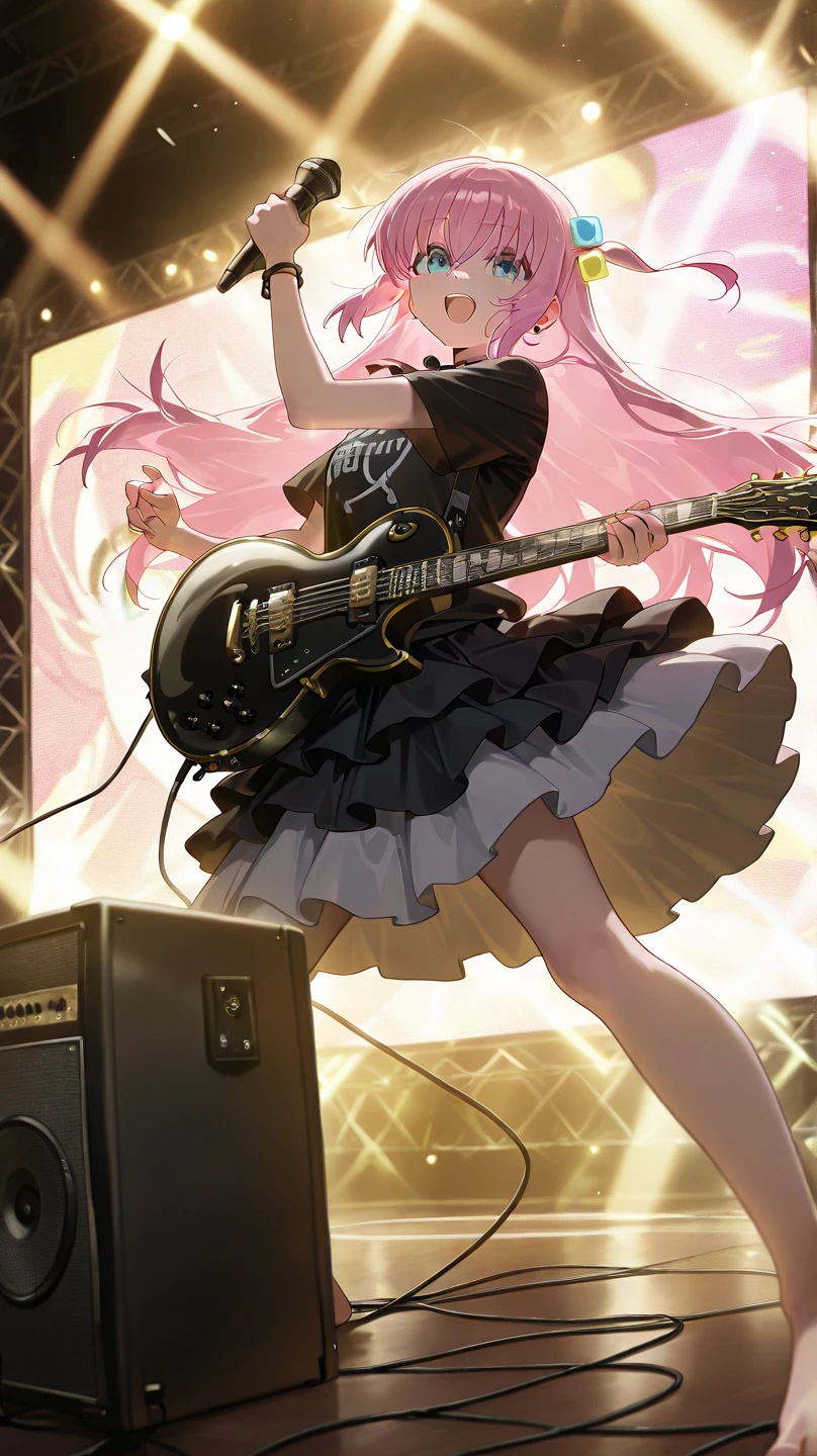 Beautiful photos of Avril Lavigne, Electric guitar, sing on stage, bright light, Punk Concert