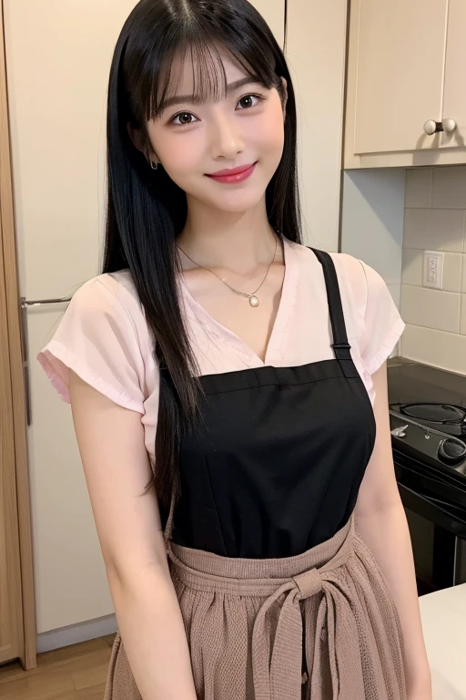 Tabletop, highest quality, shape, Very detailed, In detail, High resolution, 8k wallpaper, Perfect dynamic composition, Beautiful details, Neat and clean clothing,Medium Hair, Center of chest, Natural color lip, Random,smile,Tower apartment,kitchen