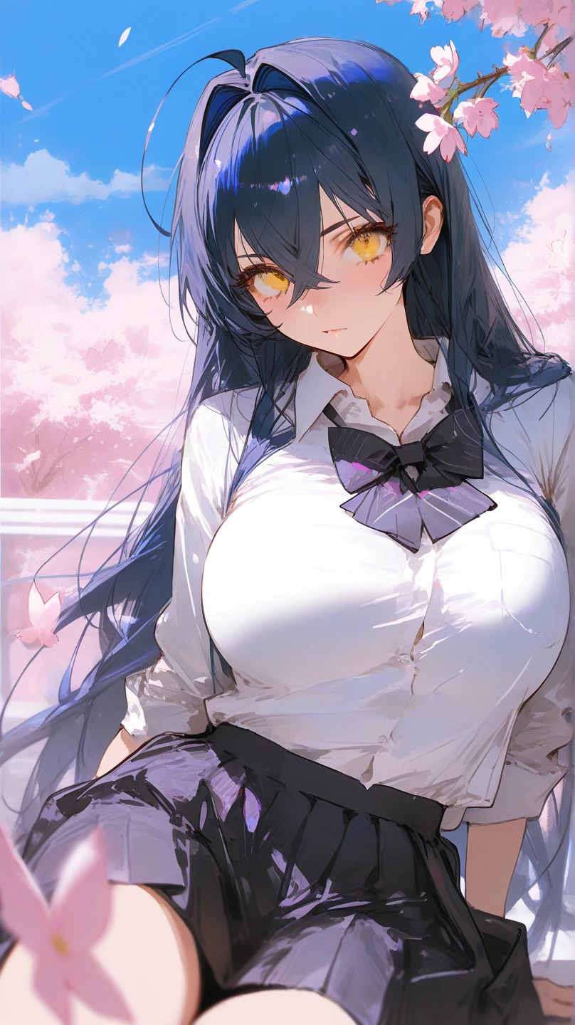 masterpiece, best quality, against backlight at dusk, in a meadow, girl, very long hair, beautiful detailed eyes, gradient_eyes, looking at viewer, half-closed eyes, seductive smile, large breasts, school uniform, hair_ribbon, white pantyhose, fingerless_gloves, hand on hip, leaning forward,hand on own chest, multi-tied hair, butterfly hair ornament,