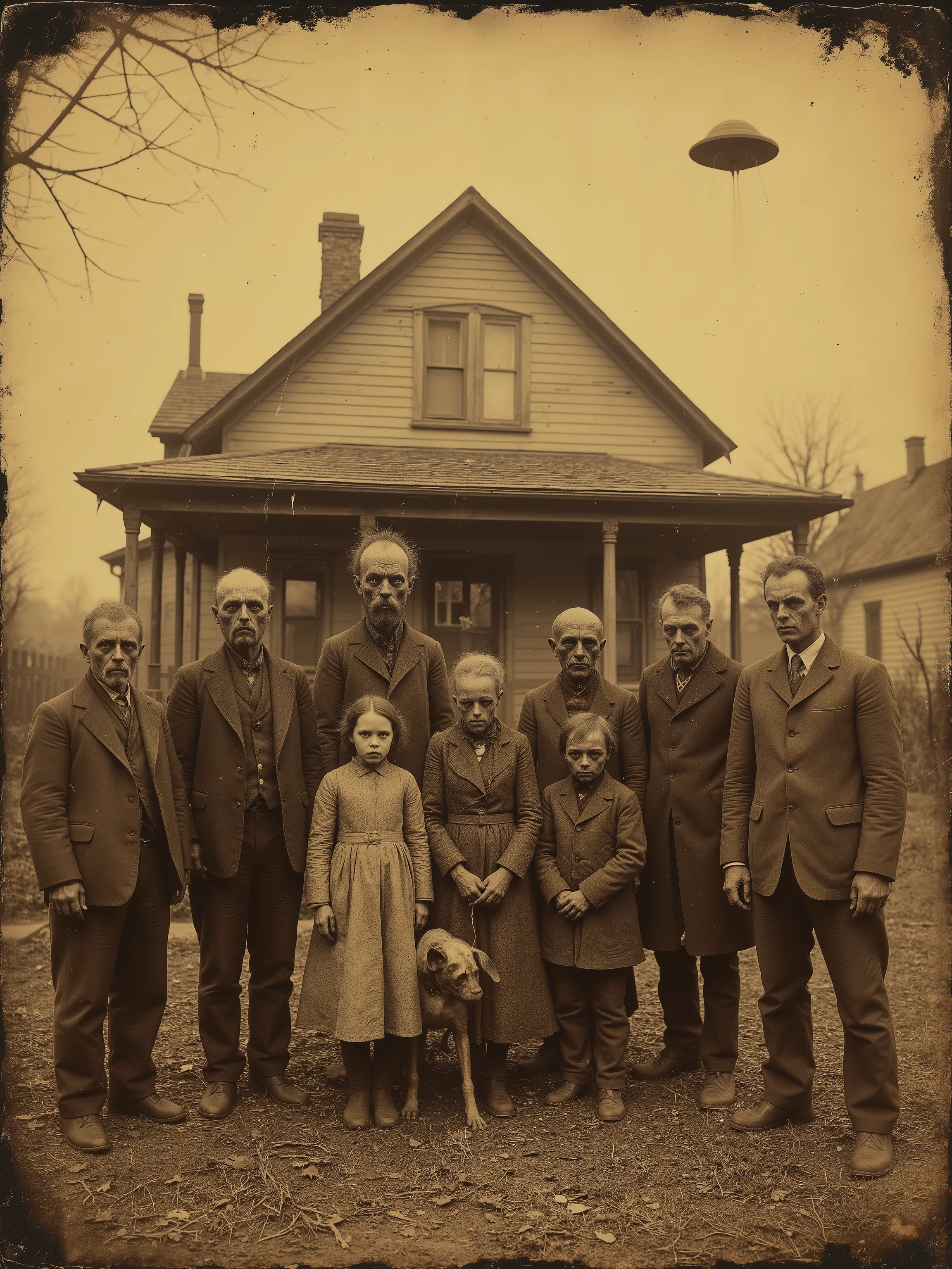 Daguerreotype photograph, tintype, 1800s
Photographs taken outside of a house isolated far our in the country. A family of very unusual looking, deformed, mishapen, possibly inbred families with pets too weird to identify posing in front of a home that would be considered average in the early 1800's. A small realistic looking UFO can be seen in the sky, as the sun sets. The photo is very old and is creased, brown, and yellowed with age. Scary and haunting. Ultra-realistic, photorealistic, portrait photography, ethereal atmosphere, provocative, iconic style, surreal elements, sensual, unsettling, eerie, gothic, macabre, melancholic, dark fantasy, sexy, startling, experimental, bizarre, creepy, unnerving, freaky, odd, unusual, depressing, avant-garde, iconic, horrorific, spooky, moody, twisted, grotesque, different, intricate, vivid, Sepia colors, browns and yellows only. masterpiece