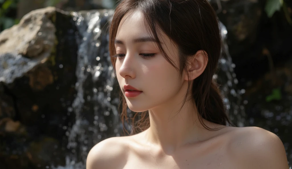 Night scene, close-up photo of Danelia Tuleshova, small breasts, bathing near the waterfall, body soaked in water, lean cheeks, wet hair, chin up, seductive face, no bra, stones, pure water, cleavage show, water on the body, realistic pores on the body, look up at the sky and smile, black ponytail hair, (blue eyes:  0.8), beautiful adult face, 40 yo, soft volumetric lights, (backlit: 1.3), (cinematic: 1.3), intricate details, (ArtStation: 1.
