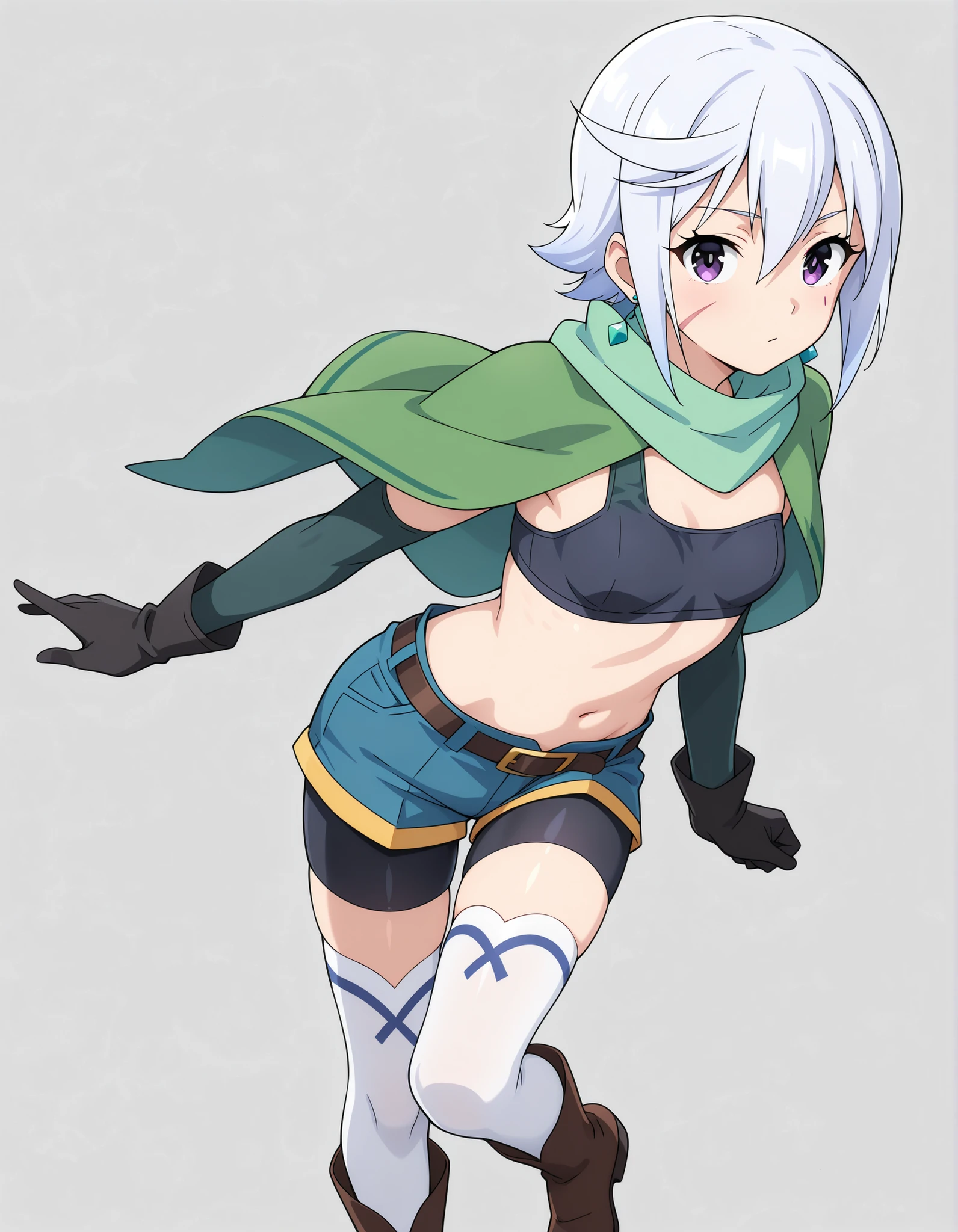 (highly detailed), masterpiece, best quality, amazing quality, simple background, white background, standing, looking at viewer,, Eris-Chris-Liver020, Chris-Liver020, 1 girl, short hair, white hair, purple eyes, black gloves, elbow gloves, white thighhighs, blue shorts, bike shorts under shorts, belt, midriff, navel, crop top, tank top, bra with 1 strap, black bra, green capelet, jewelry, blue earrings, brown footwear, hair between eyes, small breasts, scar on face, scar on cheek, strapless