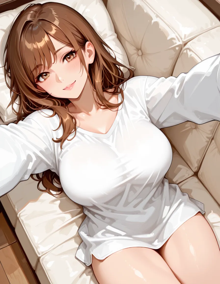 DETAILED, DENSE, MASTERPIECE, one girl, beautiful, wearing white cardigan, one girl lying on bed with blanket, brown hair, 22 years old, smooth skin, glowing skin, glowing hair, clear eyes, glowing eyes, brown eyes, soft lips, pale pink lips, (viewer Looking down: 0. 8) smiling slightly, cheeks stained, shy, mouth open, bangs, white sleeves, white clothing, one girl, soft skin, large breasts, glowing skin, cinematic lighting, rich lighting, room lighting, simple gold necklace, diamond necklace, white Lace bra, white lace panties, white lace underwear, high angle, low angle, (Masterpiece: 1.0), (Realistic: 1.6), (Soft Focus: 1.5)