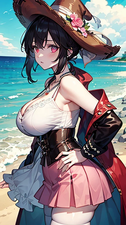 2d， tmasterpiece， best qualtiy， anime big breast， highly detailed eye， Highly detailed face， highly detailed back ground， perfect litthing， cowboy lens，  1girll， 独奏， standing on your feet， beachside，Bikini style，huge boob，hu tao\（genshin impact\）， pupils in symbol shapes， flower shaped pupils， Hats， red flower， red eyes， SakuraNS，