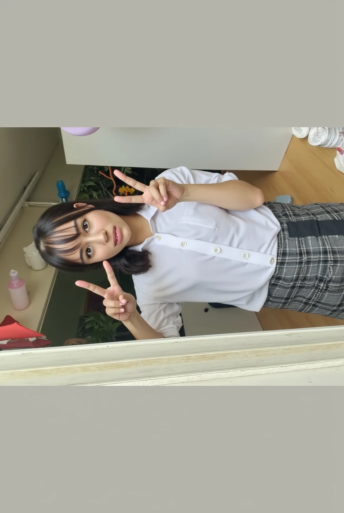 Posing on a metal platform、Arabian Asian woman wearing grey checkered skirt and black shirt, seifuku, Chiho, JK Uniform, Trending on cgstation, Japanese girl , High school girl posing, Girl in uniform, Japanese , Young Gravure Idol, Young and cute gravure idol, Surreal school girl, Cyber , cute 