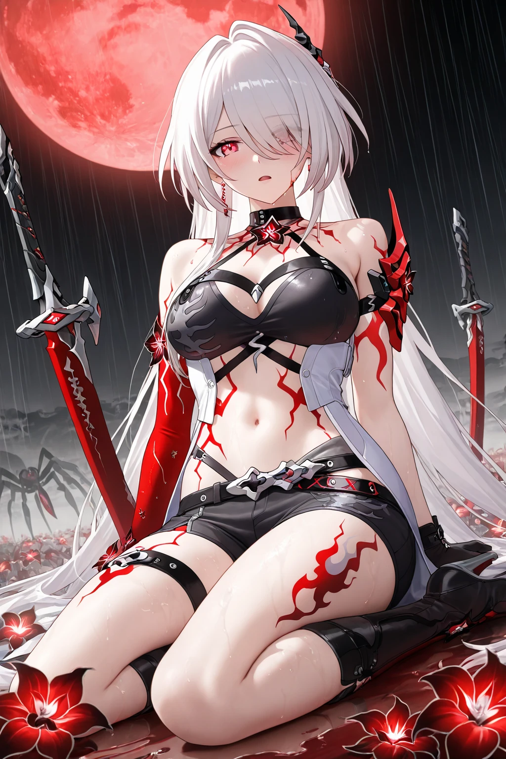Highest quality, masterpiece, Ultra-high resolution, female、Big Breasts、The Hero's Corpse、Badly damaged body、With a sword stuck in my heart、With eyes open、Dead Eyes、Blood、Cold body、Insects are attracted、left on the floor