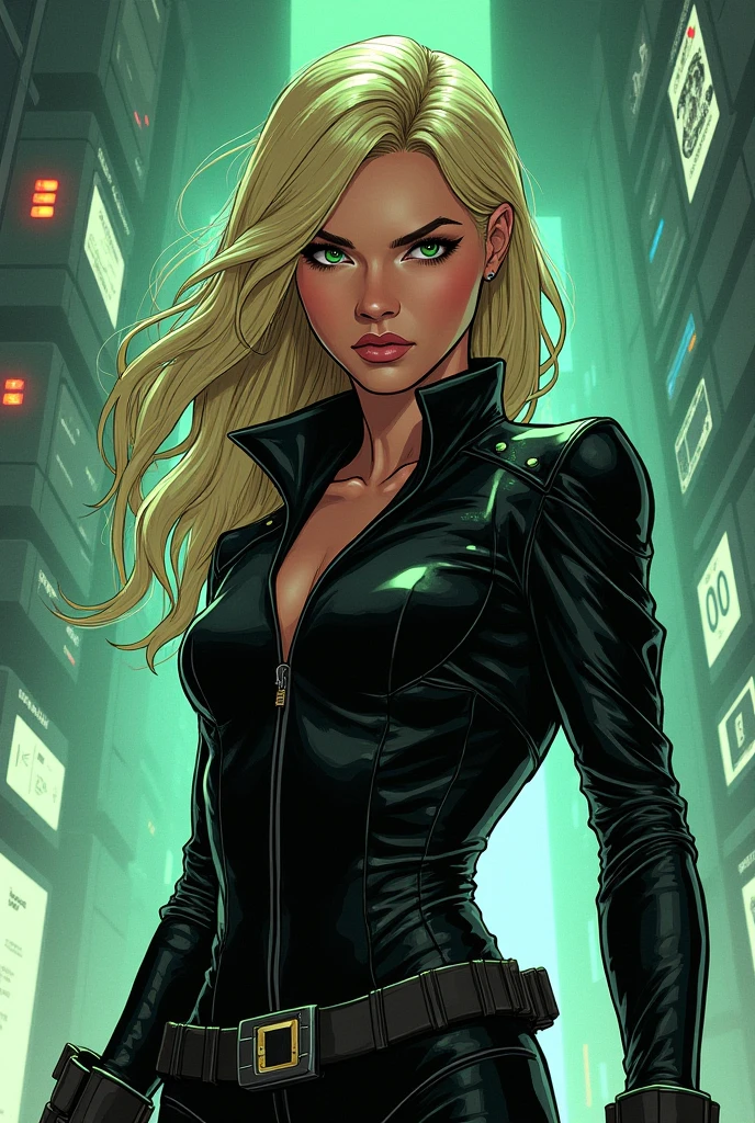 Noises,moonlight,green eyes with glasses, blond hair,super-heroine wearing a tight suit, in a dramatic pose,casting shadows with glowing energy,standing on a rooftop, overlooking the city skyline,proud and confident,with the title "Deborah",in bold letters.