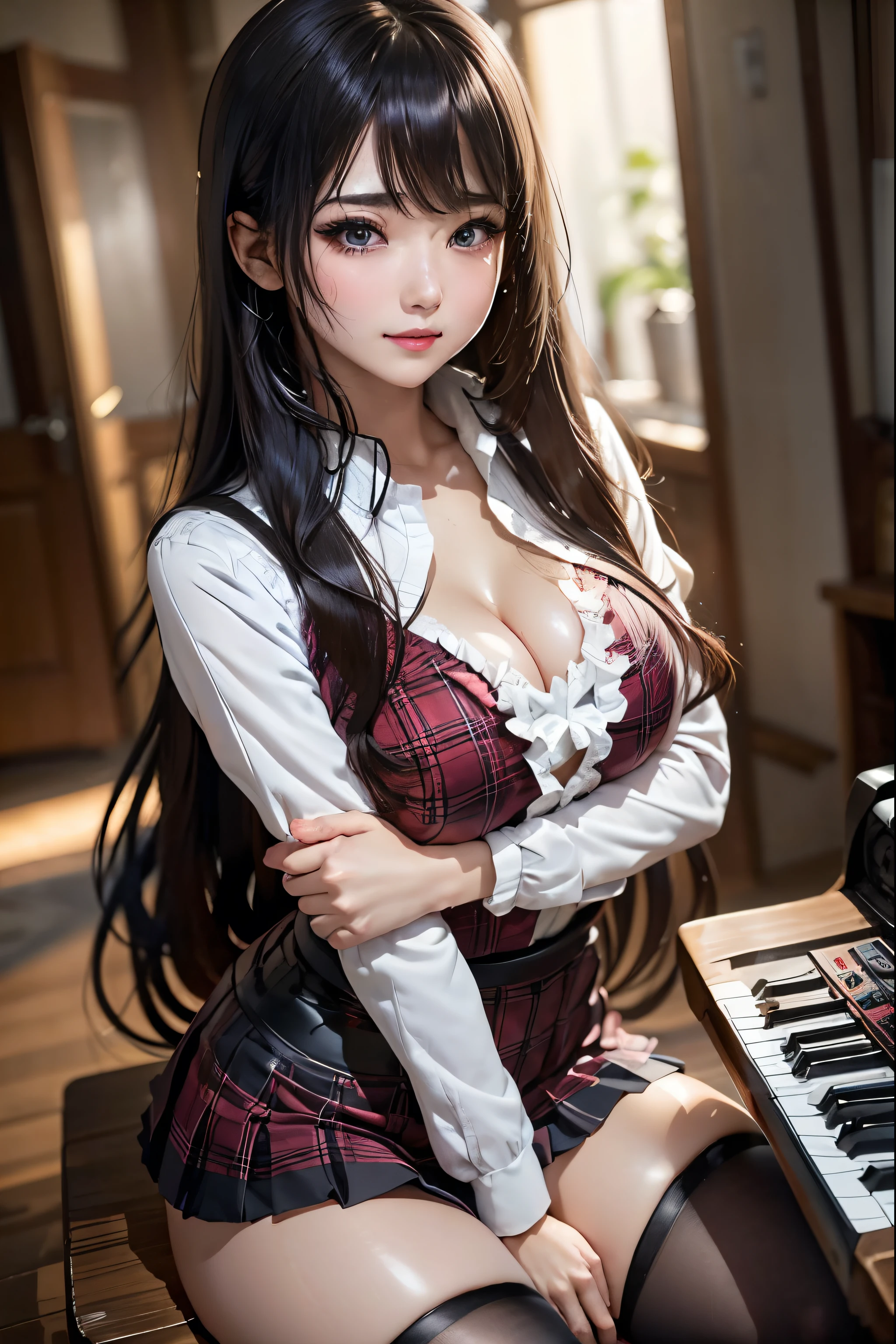 high school girlブレザー、high school girl、Red checked skirt、JK Style、Jacket、smile、garter、Knee socks、Panty stocking、Otherworldly beauty、Extraordinarily cute、boredom、unusual beauty、Dark black eyeshadow、sorrow、Good skin glow、Long Hair Straight Hair、Dark Gothic Makeup、暗いsmile、Beautiful woman、Stained Glass Background、On the table、Best Quality、5 reference books、Sweat glistens on my chest、Sweat glistens on my face、Thigh sweat、sweating、Black frill East size Regular size、Dark pink hair、Age 22 years old、Sweat sticks to my thighs、I sweat a lot and get sticky、My thighs are sticky and shiny、Sweating on thighs and chest、Small breasts、Slightly slim、I sweat all over my body、play the piano、Sit down and play an instrument、legs are thin、Two people、Lesbian couple、Hugging a girl、My female friend has a super cute face、My female friend has a very beautiful face、Do lesbian play、Super smooth straight hair、Thin thighs、