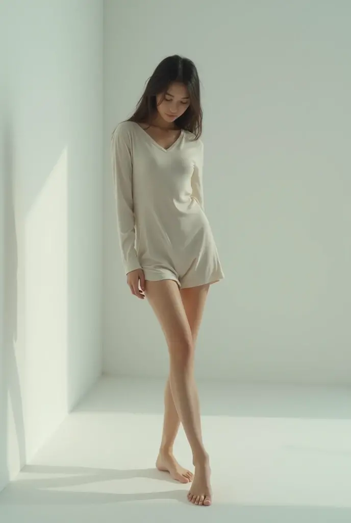 japanese woman、、hair with volume、beautiful face、double eyelid、white long shirt、Black micro shorts beautiful legs、long legs、barefoot、thighs、tall、Black Shoeodel pose、height 180cm