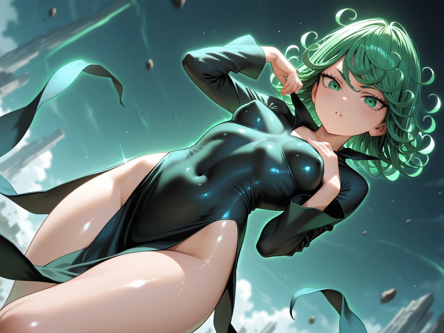 Tatsumaki , Dynamic positions have a golden part, fragile physique, Street, floats in the air, close up portrait, stands leaning towards the floor, beautiful , White Nurse's Coat, Short skirt, breasts fall out from under the robe, leans forward,  very erotic, arches in the back, Portrait of a girl, standing in a sexy pose, leans forward, beautiful фигура, buttocks, beautiful грудь, very sexy, the texture is very durable，The picture is very clear and concise，incredibly beautiful，Temperament elegant，in a spacious room, нежное выражение лица Tatsumaki из One Punch Man, short green hair, green eyes, , heels, full body view, smiling, dynamic pose, Tatsumaki из One Punch Man, short green hair, green eyes, ,dynamic view, (masterpiece, Best quality:1.2),