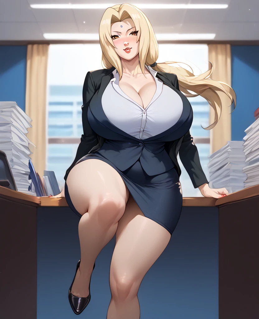 ((high detailed, best quality, 4k, masterpiece, hd:1.3)), BREAK night, window, moonlight, landscape, (in office), indoors, business office, office workers working in the office, many people are busy working, window, desk, chair, computer, ceiling light, Rosalina standing posing, BREAK neon blue eyes, seductive, attractive, sexy smile, smiling, smooth anime cg art, 36C breasts, long fitness legs, vivid colors, detailed digital art, slim body, perfect skin, blonde hair, long hair, BREAK crown, cleavage, 36C cleavage, BREAK looking at viewer, extremely detailed face, navy_blue necktie, blue jacket, black shirt, blue pencil skirt, full body, (blue high heels), earrings, gem, dark black makeup lips, dark gothic eyeshadows, dark eyeshadows, black eyeshadows, black sexy lips, black lips, (dark:1.2), dark lips, very dark lips, (perfect hands, perfect anatomy), black makeup, detailed fingers, five fingers per hand, 5 fingers, (1 girl), detailed lips, detailed black lips, black painted lips, gothic painted lips, (breast focus), (breasts out:1.3), (hands behind head:1.3), (from above:1.32),