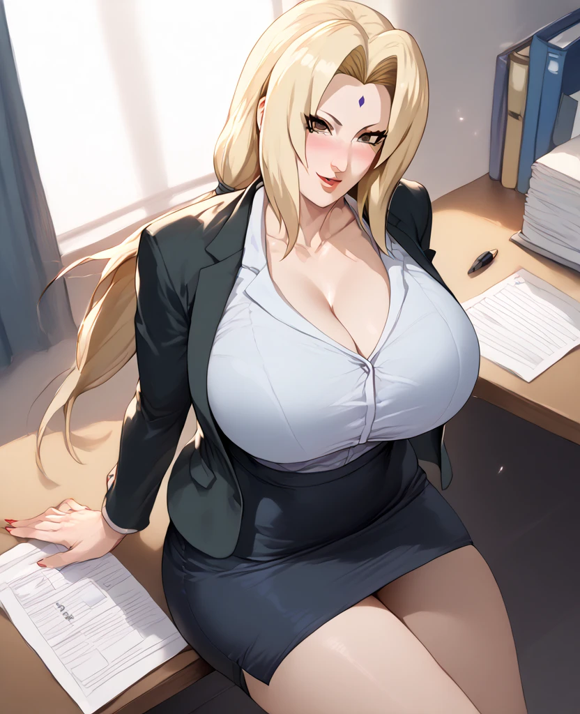 mature woman, office lady, blonde hair, long hair, sitting on table, crossed legs, buttoned down white shirt, off the shoulders blazer, tight short pencil skirt, lace trim stockings, black stiletto heels, gigantic breasts, wide hips, thick thighs, cleavage, alluring pose, lusty expression, 8k, masterpiece