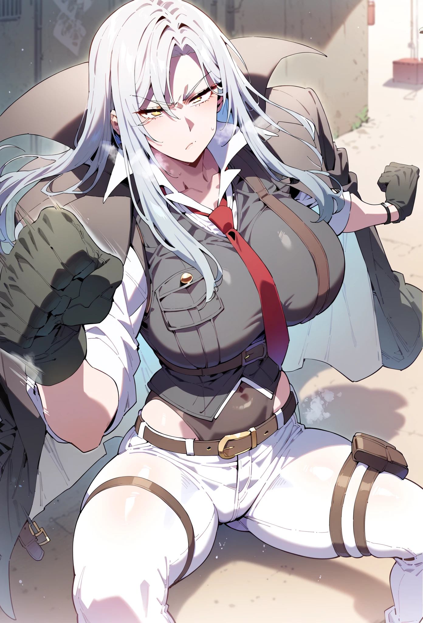 (harayutaka art style:0.7), score_9, score_8_up, score_7_up, score_6_up, uncensored, olgamarie, yellow eyes, white hair, long hair, side braid, BREAK (masterpiece:1.2), best quality, high resolution, (detailed eyes:1.3), perfect lighting, (perfect hands, perfect anatomy), hearts, pleasured, large breasts, sagging breasts, 1girl, 2boys, multiple boys, threesome, mmf threesome, group sex, breasts, bar censor, penis, nipples, hetero, sex, censored, spitroast, tan, underwear, camouflage, vaginal, oral, clothing aside, tanlines, panties, fellatio, rape, large breasts, panties aside, pussy, shorts around one leg, bandages, navel, torn clothes, gloves, double penetration, grey panties, spread legs, dark skin, solo focus, military, dirty, jacket, pussy juice, glaring eyes, shocked, wooden floor, shivering, wet, 